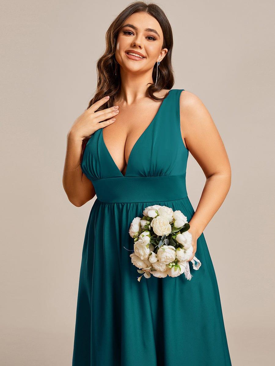 V-Neck Sleeveless High-Low Evening Dress with Stretchy #color_Teal