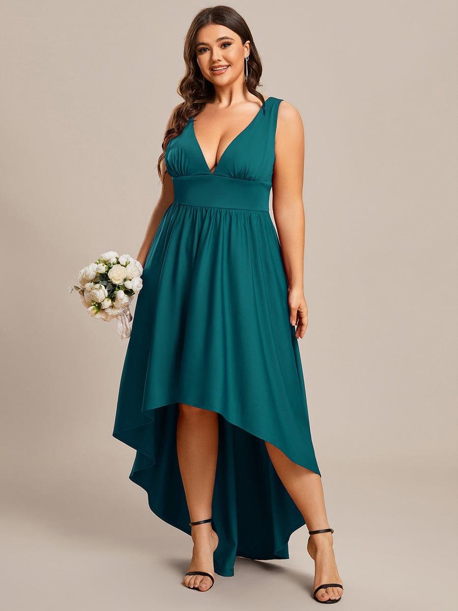 V-Neck Sleeveless High-Low Evening Dress with Stretchy #color_Teal