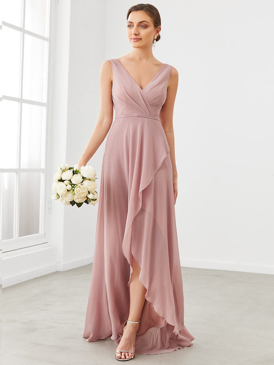 Custom Size Chiffon Ruffled Front Slit Pleated V-Neck Bridesmaid Dress