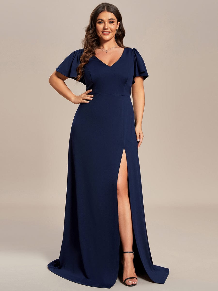 Plus Size Elegant V-Neck High Slit Bridesmaid Dress with Short Ruffle Sleeves #color_Navy Blue