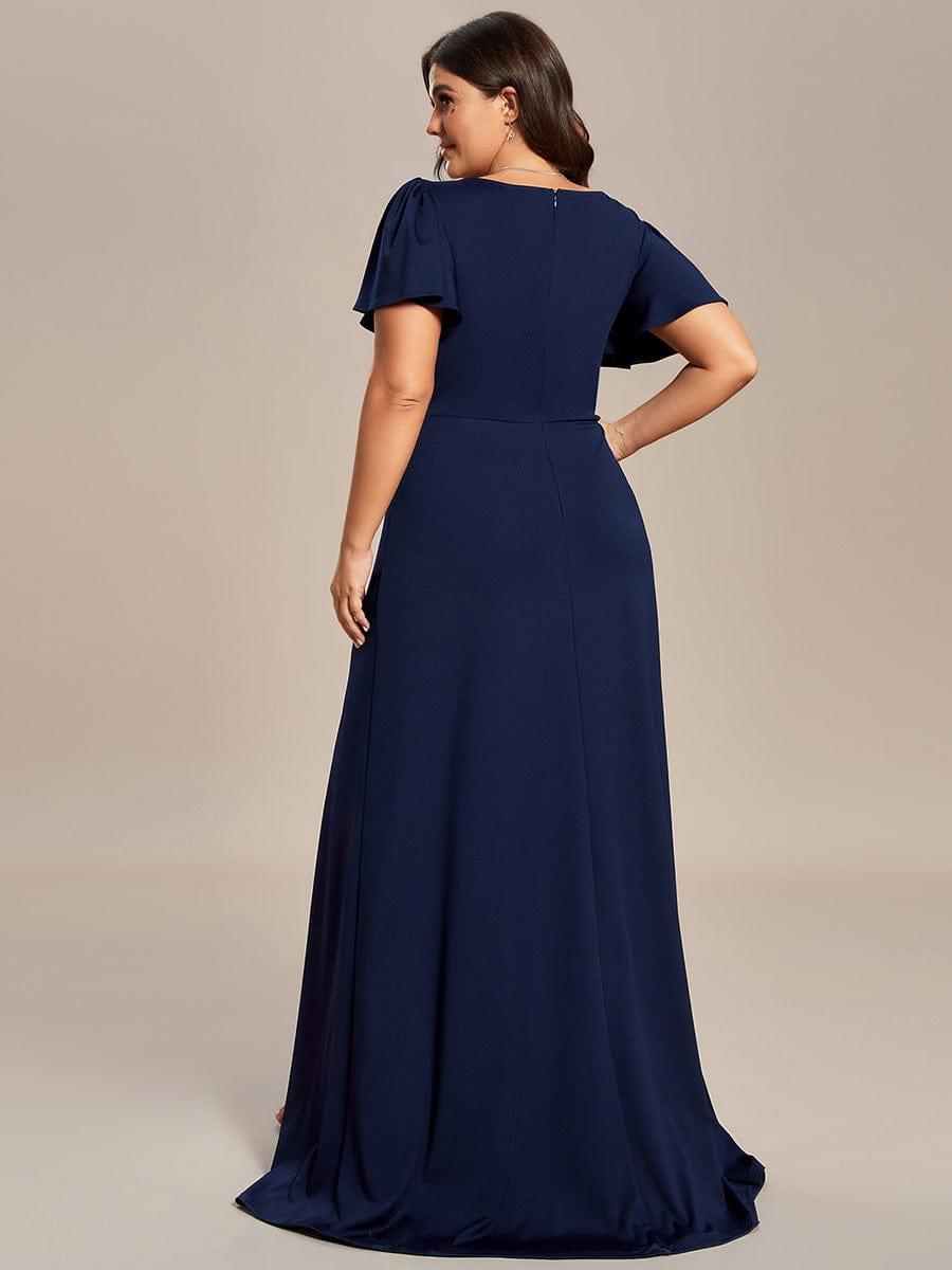 Plus Size Elegant V-Neck High Slit Bridesmaid Dress with Short Ruffle Sleeves #color_Navy Blue