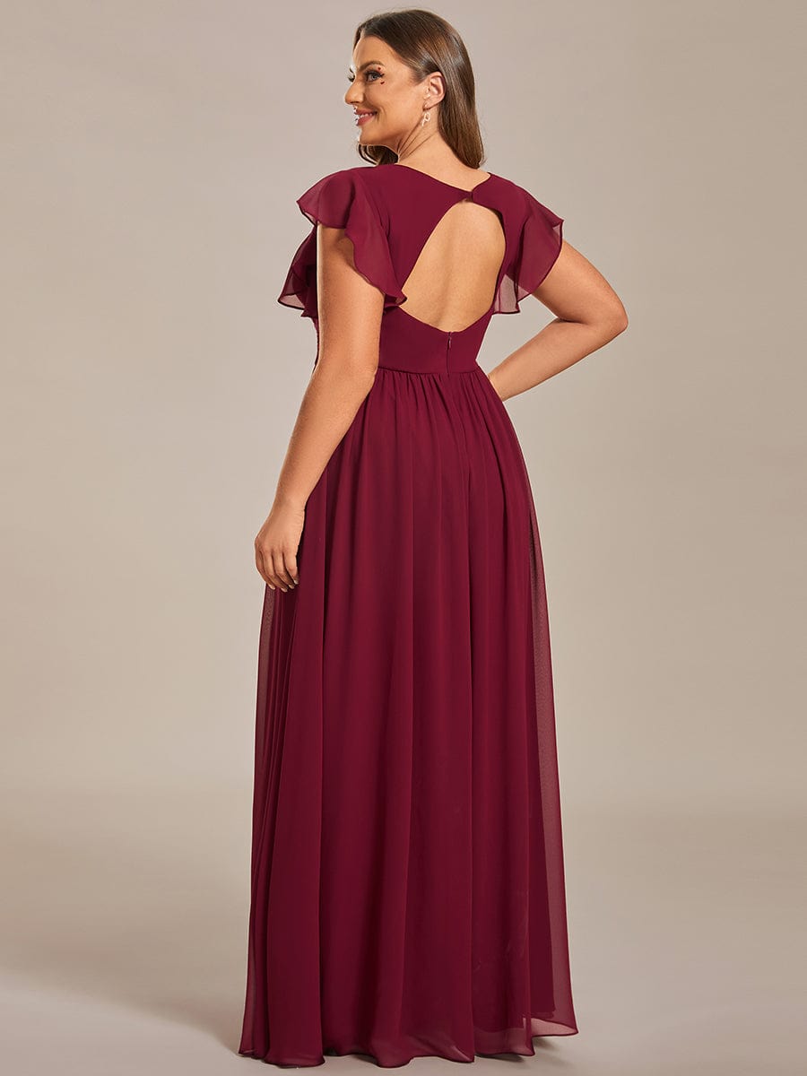 Plus Size V-Neck Open Back Ruffled Sleeves Chiffon Bridesmaid Dress #color_Burgundy