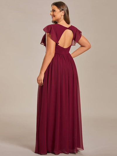 Plus Size V-Neck Open Back Ruffled Sleeves Chiffon Bridesmaid Dress #color_Burgundy