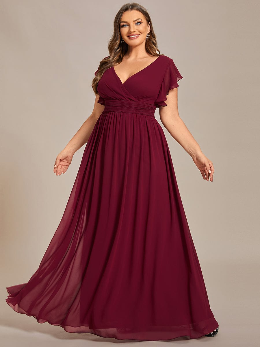 Plus Size V-Neck Open Back Ruffled Sleeves Chiffon Bridesmaid Dress #color_Burgundy