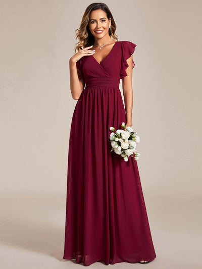 Elegant V-Neck Open Back Chiffon Bridesmaid Dress with Ruffled Sleeves #color_Burgundy