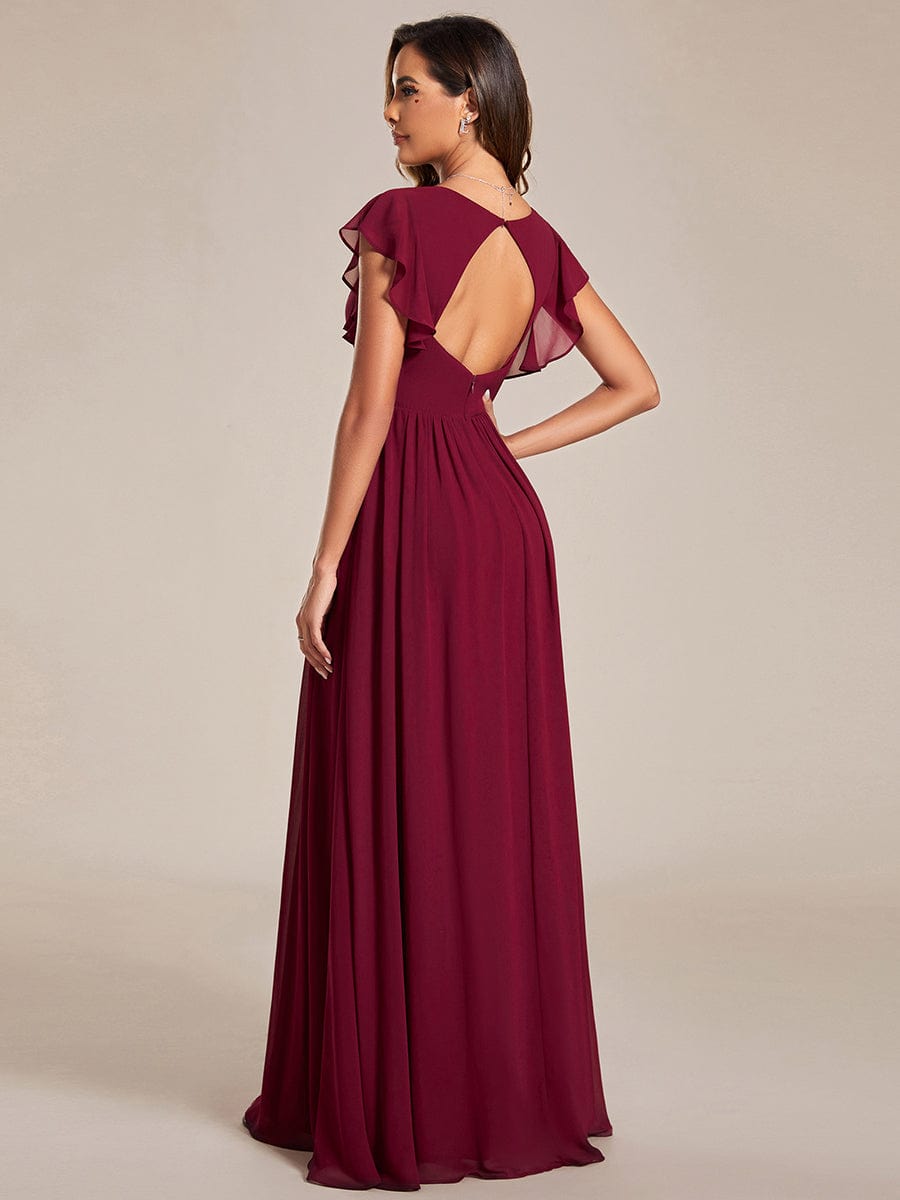 Elegant V-Neck Open Back Chiffon Bridesmaid Dress with Ruffled Sleeves #color_Burgundy