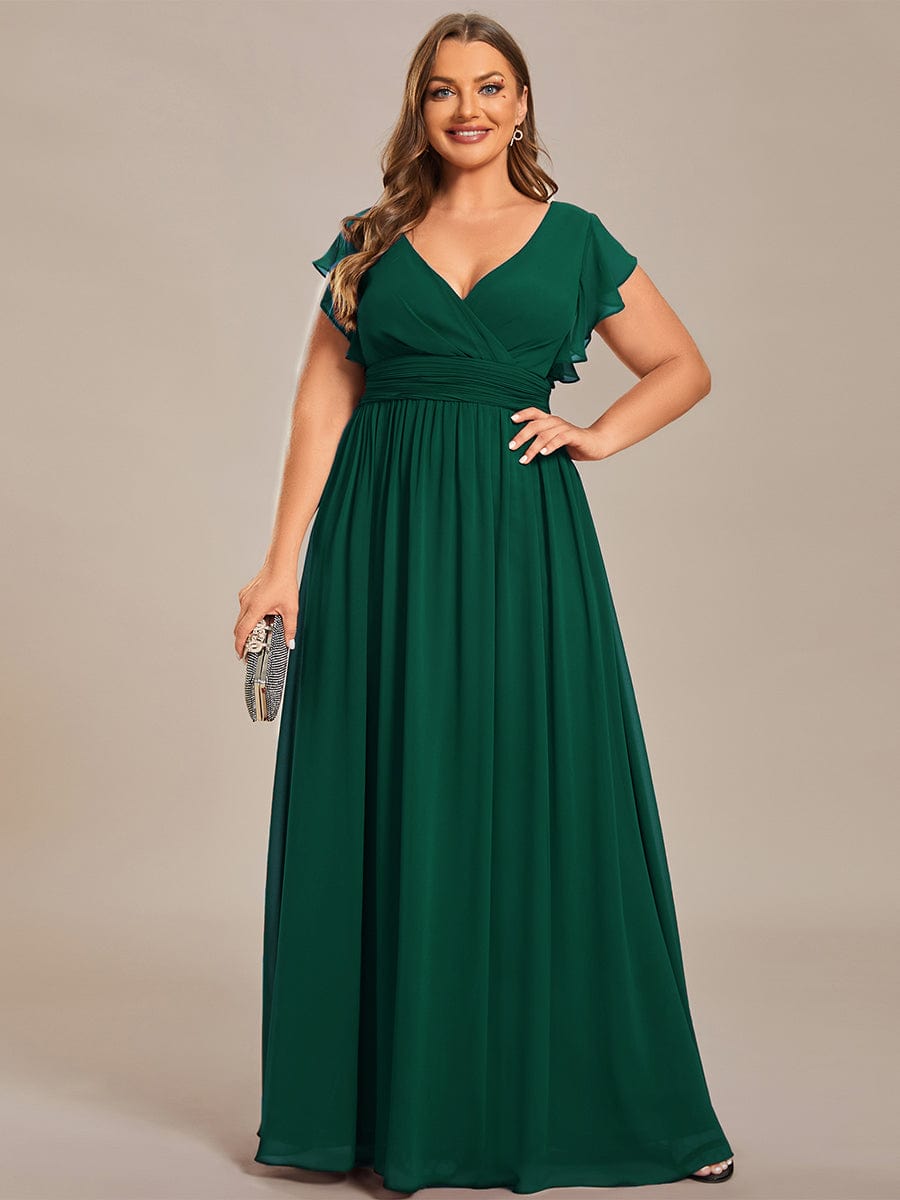 Plus Size V-Neck Open Back Ruffled Sleeves Chiffon Bridesmaid Dress #color_Dark Green