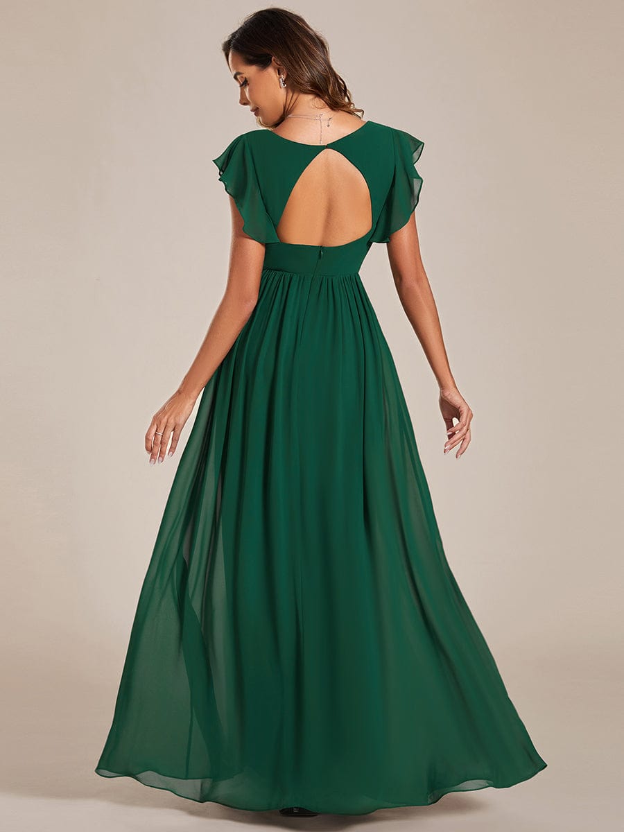 Elegant V-Neck Open Back Chiffon Bridesmaid Dress with Ruffled Sleeves #color_Dark Green
