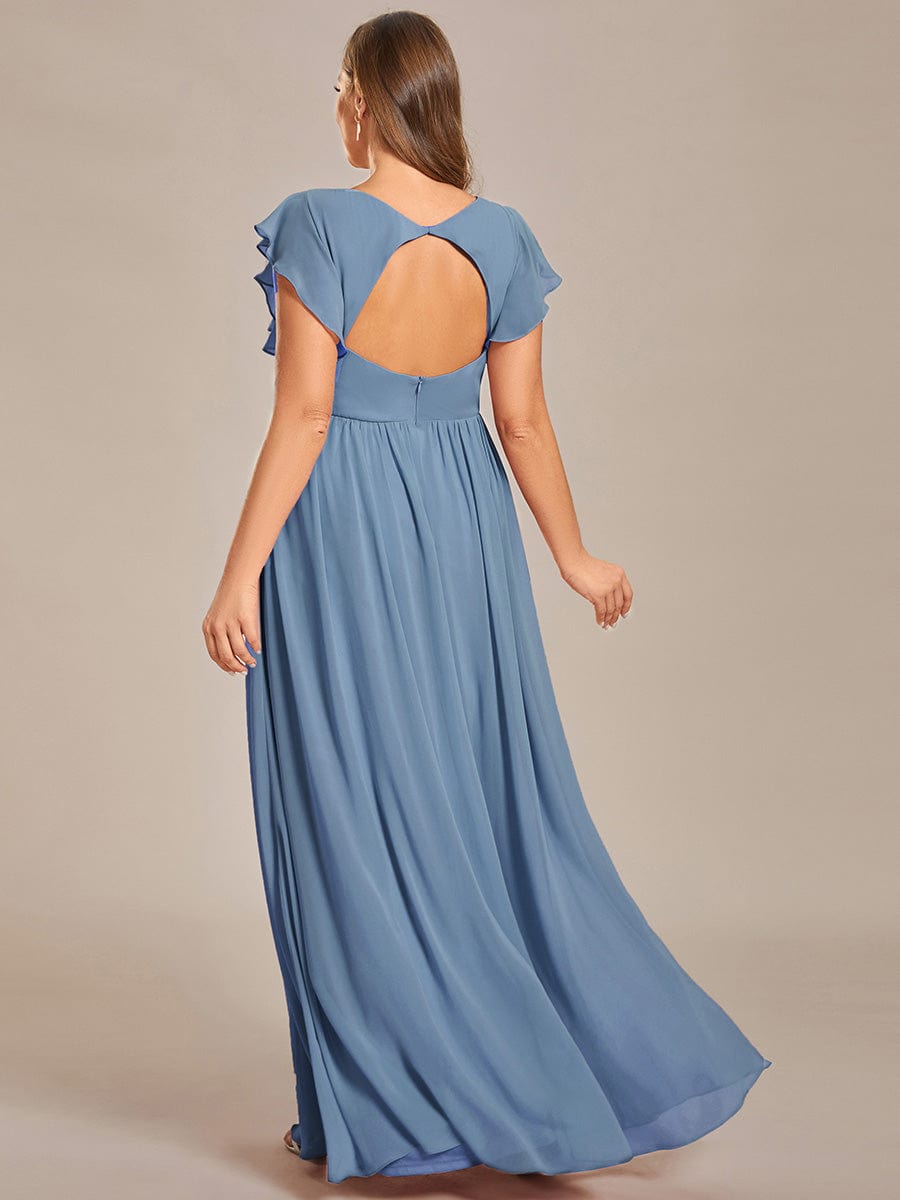 Plus Size V-Neck Open Back Ruffled Sleeves Chiffon Bridesmaid Dress #color_Dusty Navy