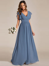 Elegant V-Neck Open Back Chiffon Bridesmaid Dress with Ruffled Sleeves #color_Dusty Navy