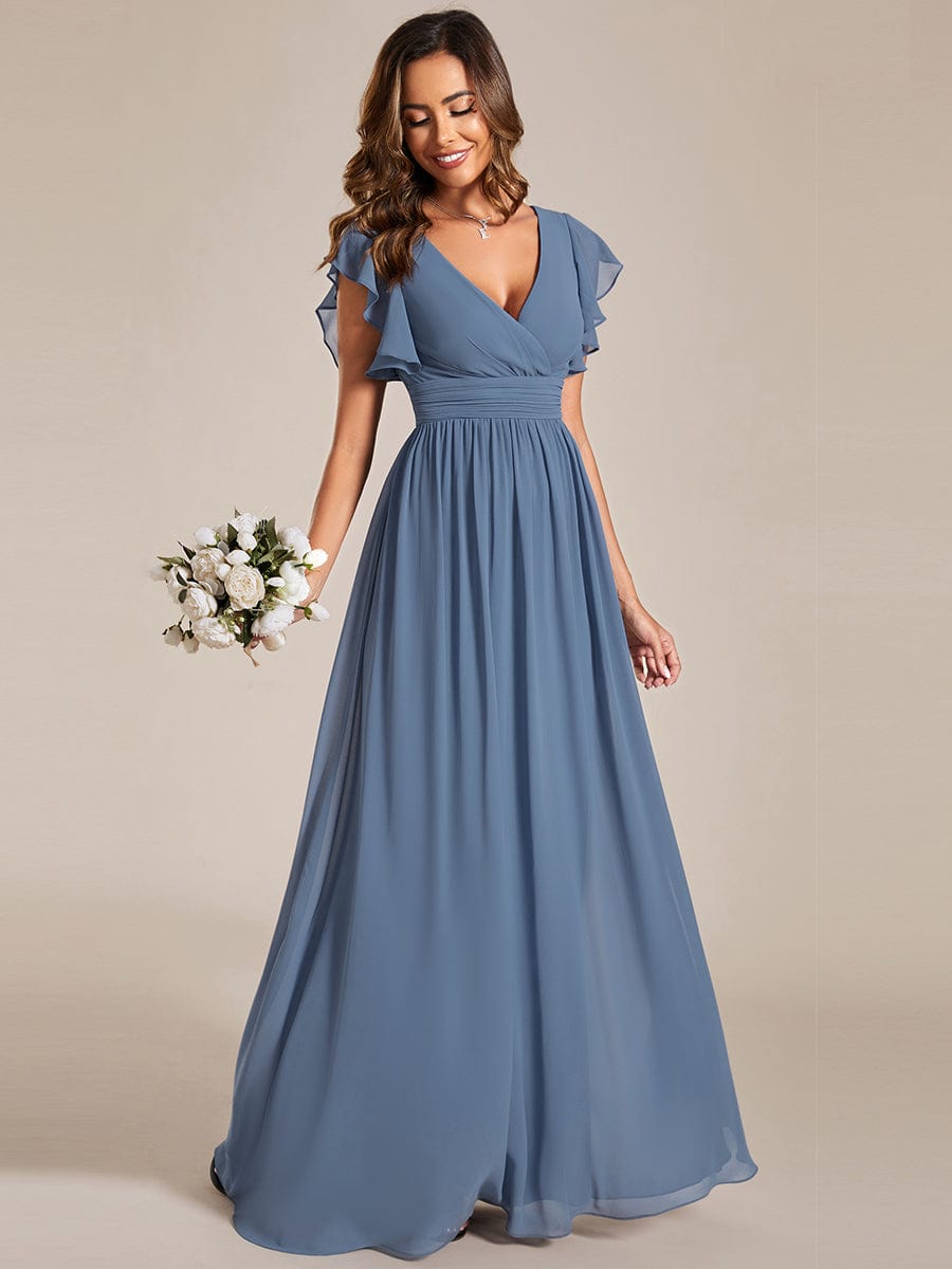 Elegant V-Neck Open Back Chiffon Bridesmaid Dress with Ruffled Sleeves
