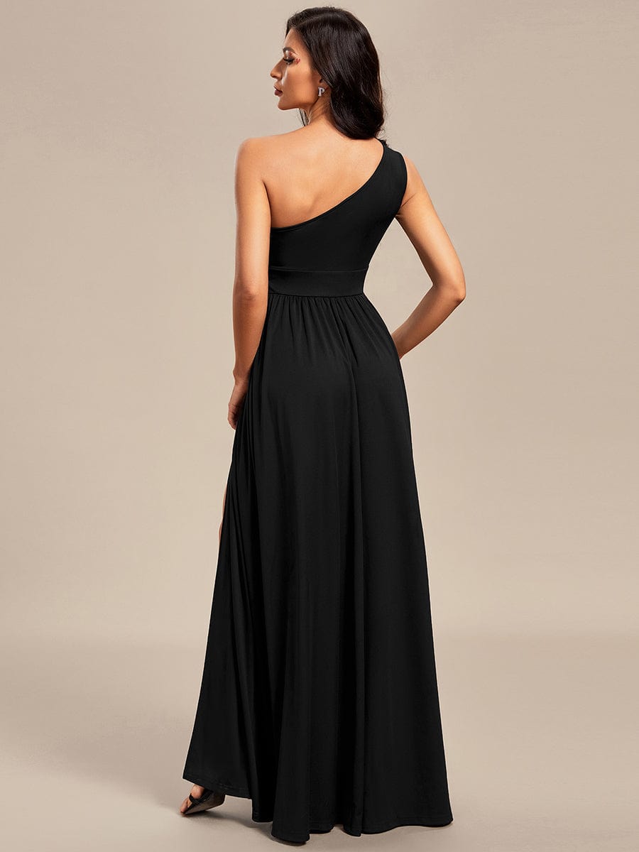 One-Shoulder Hollow Out A-line Bridesmaid Dress with High Slit #color_Black