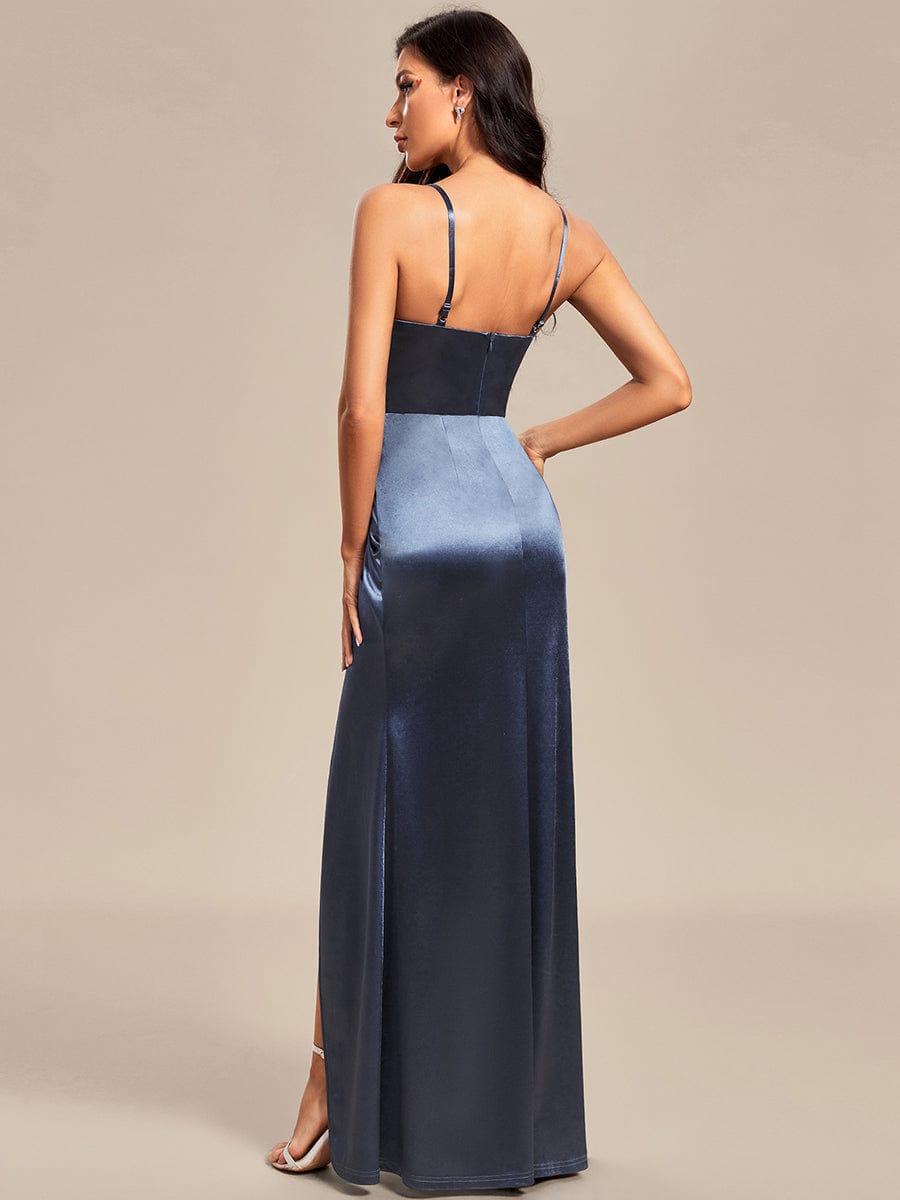 V-Neck Satin Mermaid Bridesmaid Dress with Thin Straps #color_Stormy