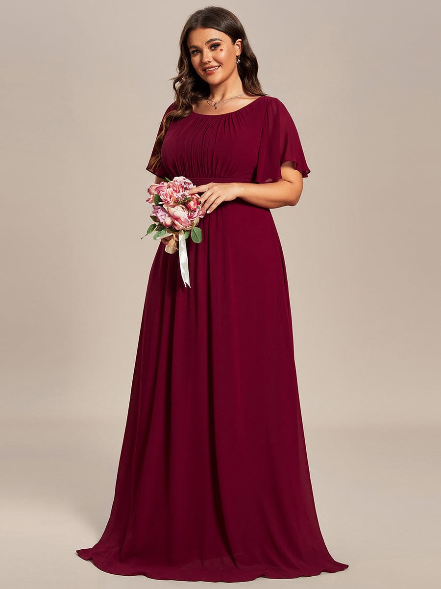 Plus Size Simple Chiffon Pleated A-Line Round Neckline Bridesmaid Dress #color_Burgundy