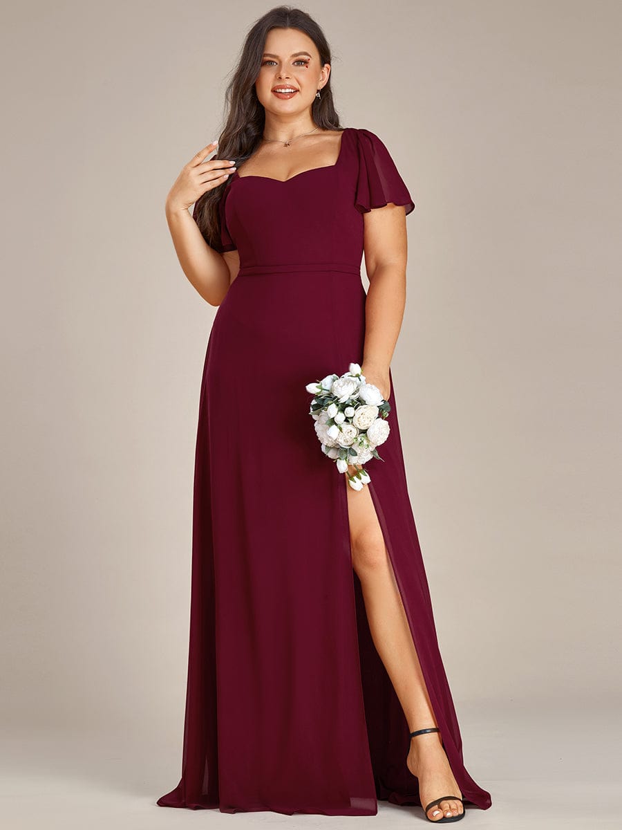 Plus Size Sweetheart Neckline Chiffon Bridesmaid Dress with Ruffled Sleeves #color_Burgundy