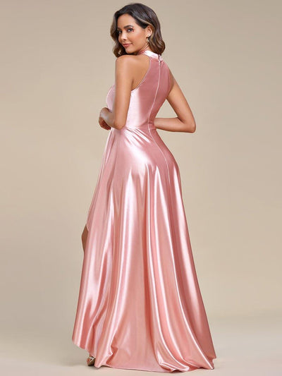 Elegant Halter High Low Satin Bridesmaid Dress #color_Pink