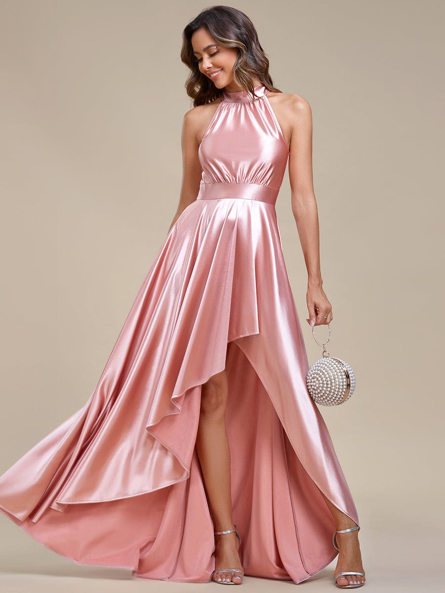 Elegant Halter High Low Satin Bridesmaid Dress #color_Pink