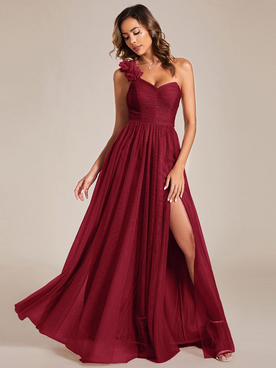 Elegant One Shoulder Maxi Tulle High Slit Bridesmaid Dress #color_Burgundy