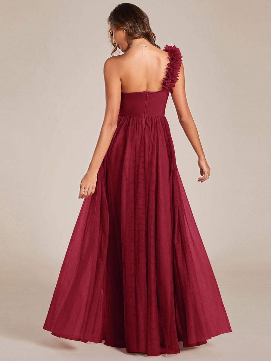 Elegant One Shoulder Maxi Tulle High Slit Bridesmaid Dress #color_Burgundy