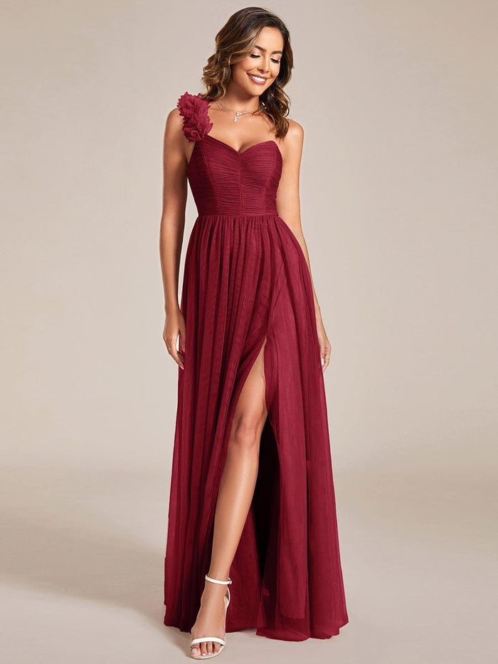 One-Shoulder Slit Detail Long Junior Bridesmaid Dress Mulberry