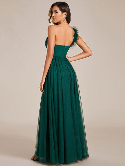 Elegant One Shoulder Maxi Tulle High Slit Bridesmaid Dress #color_Dark Green