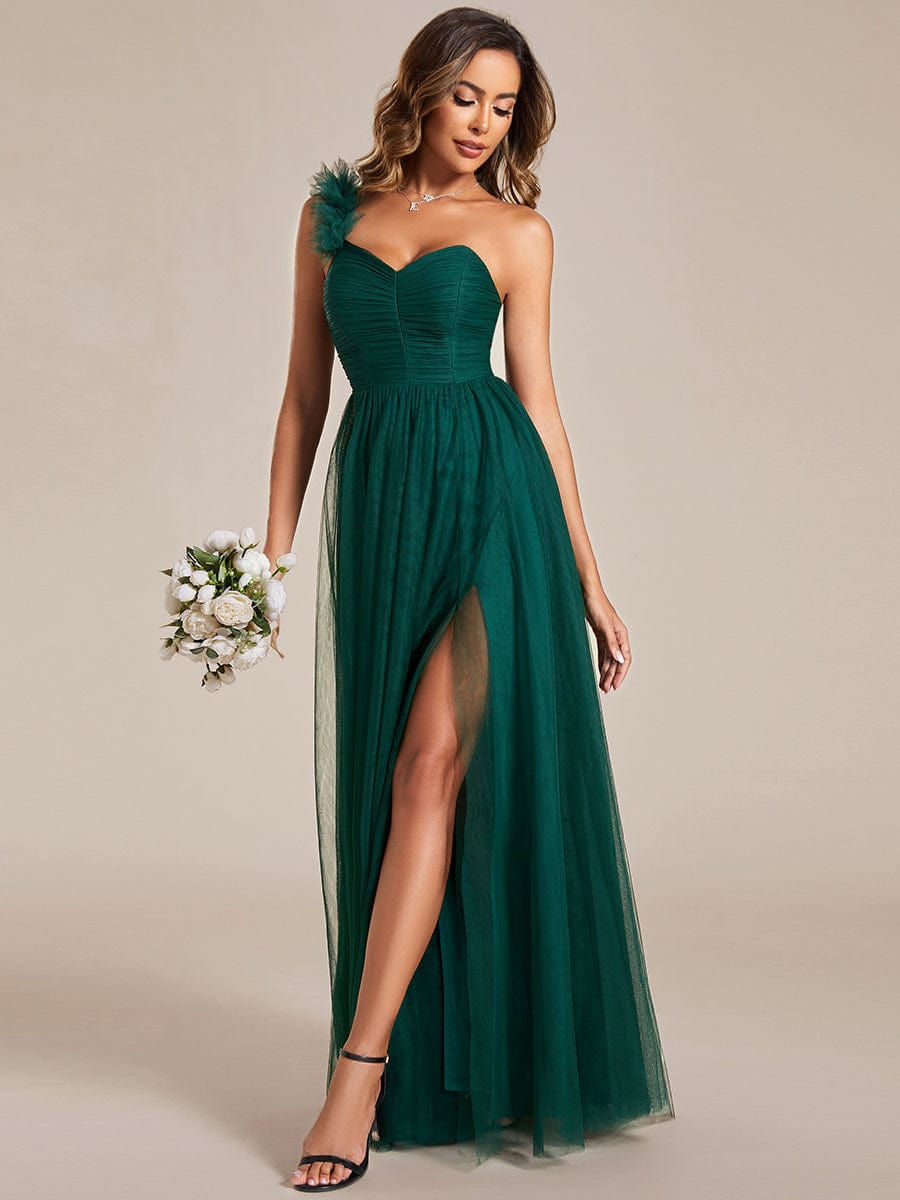 Elegant One Shoulder Maxi Tulle High Slit Bridesmaid Dress #color_Dark Green