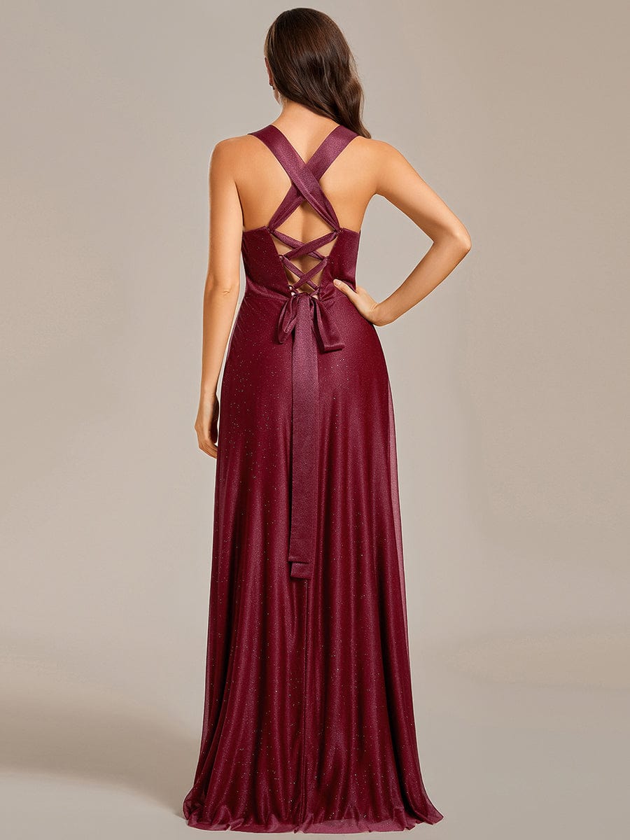Glittery V-Neck Sleeveless Bridesmaid Dress with Adjustable Lace-Up Back #color_Burgundy