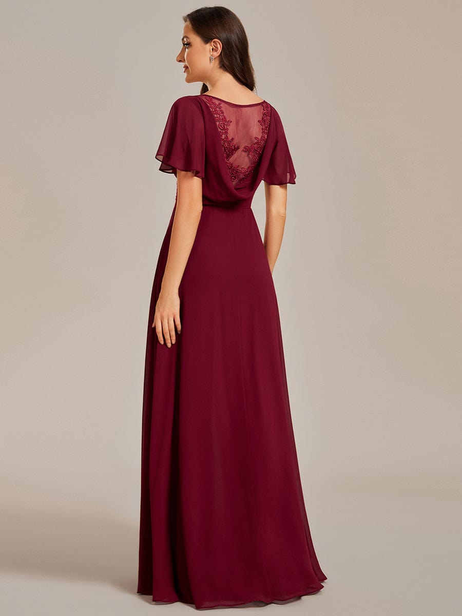 See-Through Back Flutter Sleeves High Slit Chiffon Evening Dress #color_Burgundy