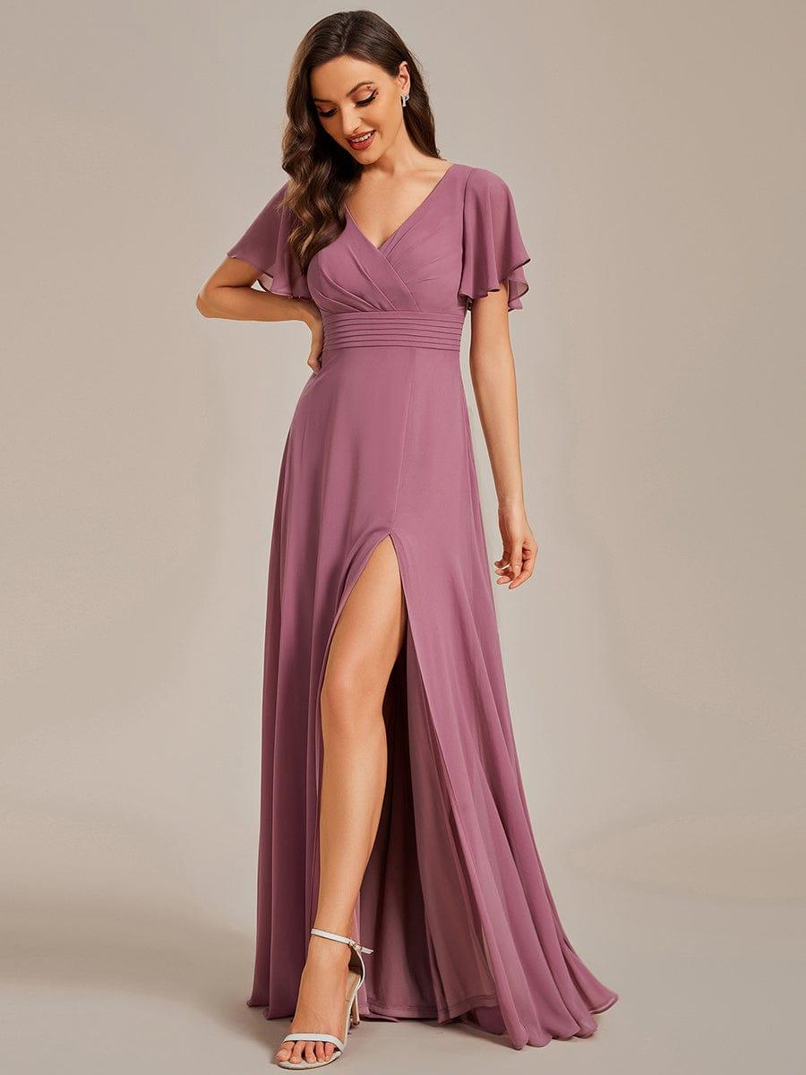 See-Through Back Flutter Sleeves High Slit Chiffon Evening Dress