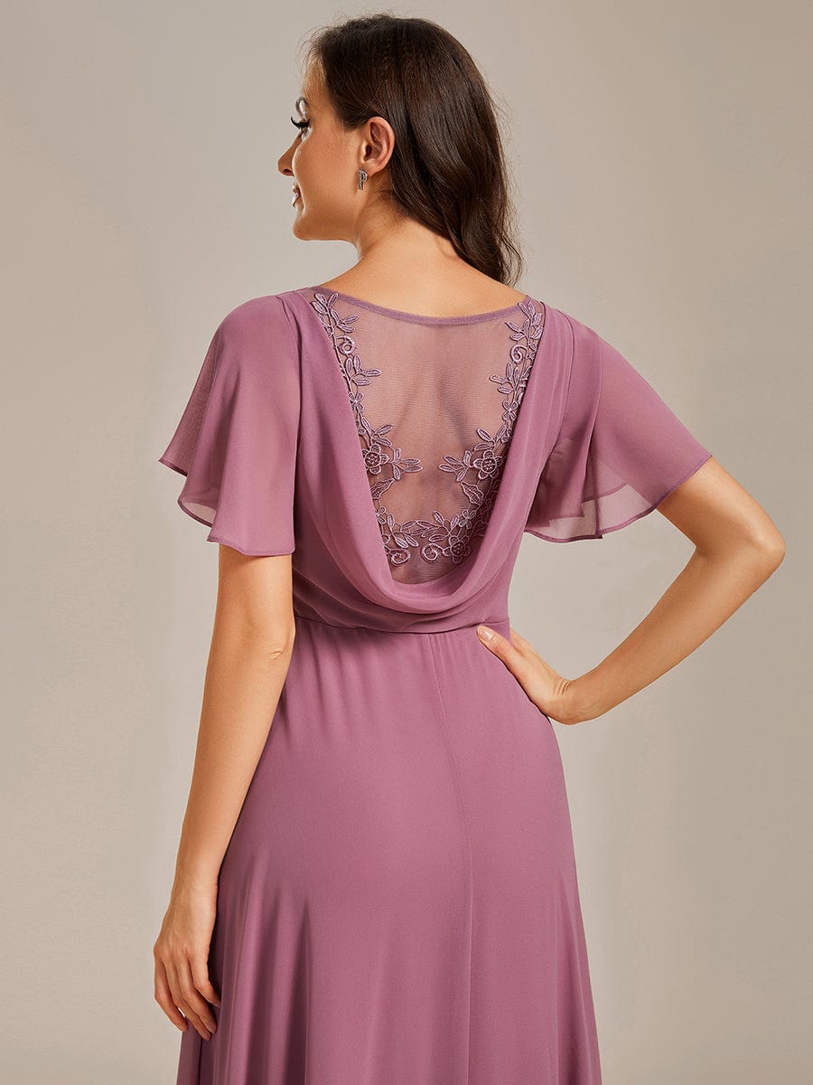 See-Through Back Flutter Sleeves High Slit Chiffon Evening Dress