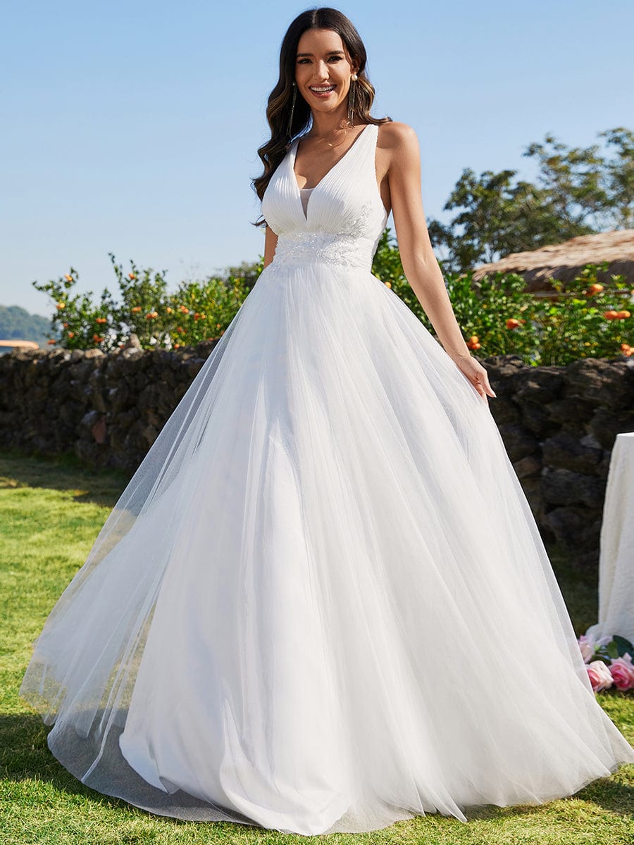 Custom Size Elegant V-Neck Sleeveless Pleated A-Line Wedding Dress