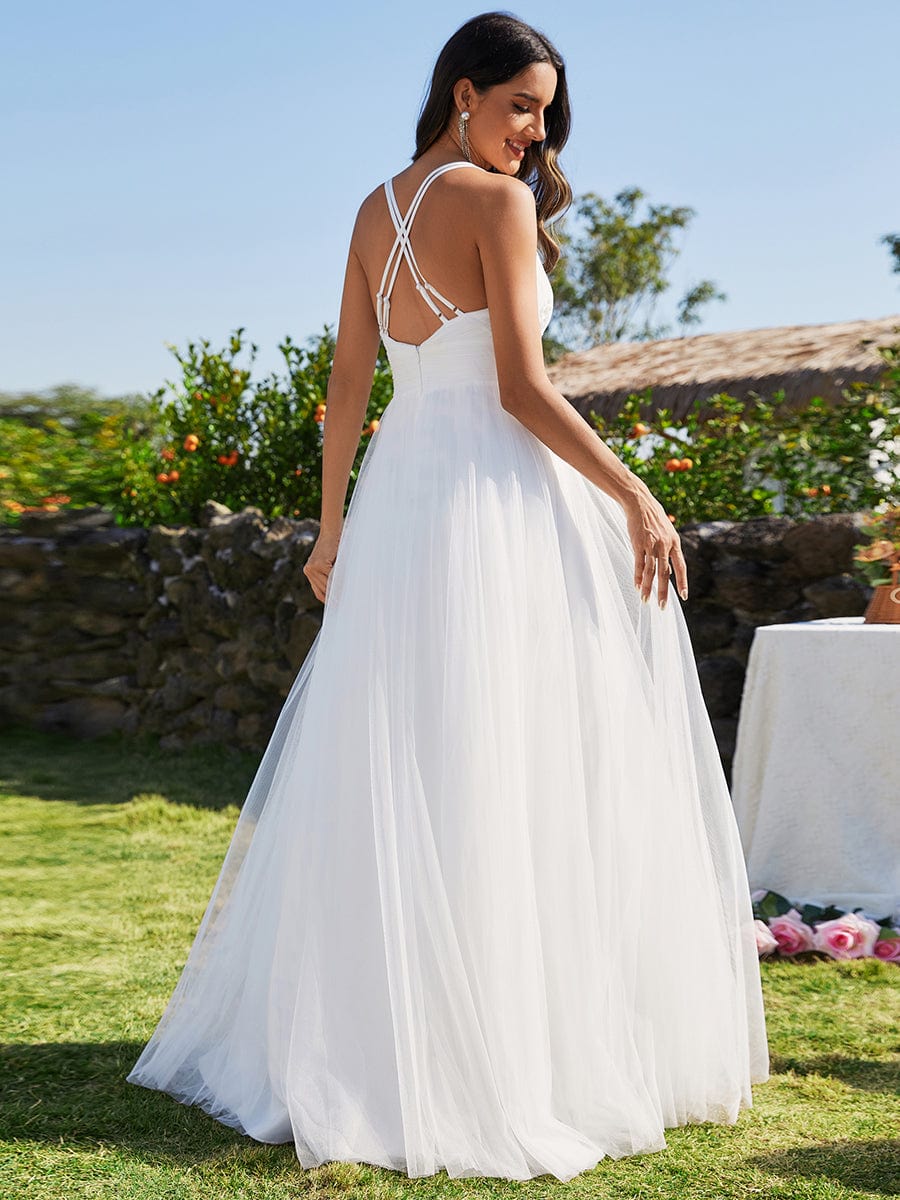 Custom Size Elegant V-Neck Sleeveless Pleated A-Line Wedding Dress #color_White