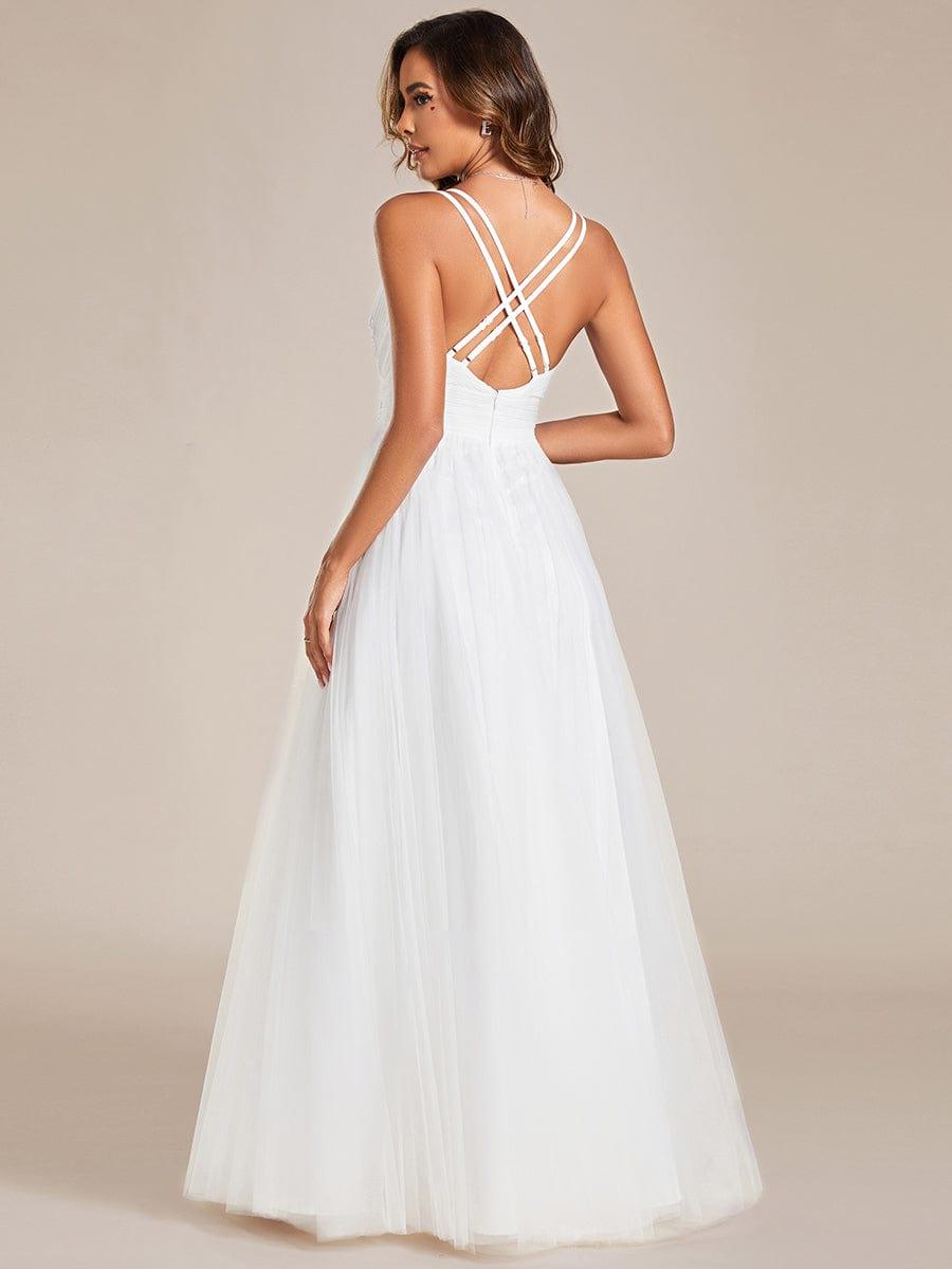 Elegant V-Neck Sleeveless Pleated A-Line Wedding Dress #color_White