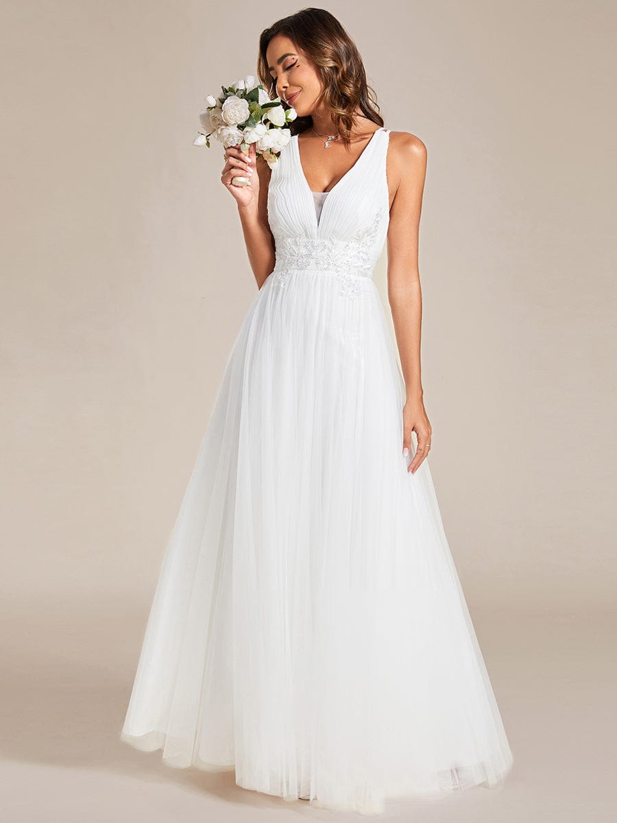 Elegant V-Neck Sleeveless Pleated A-Line Wedding Dress #color_White