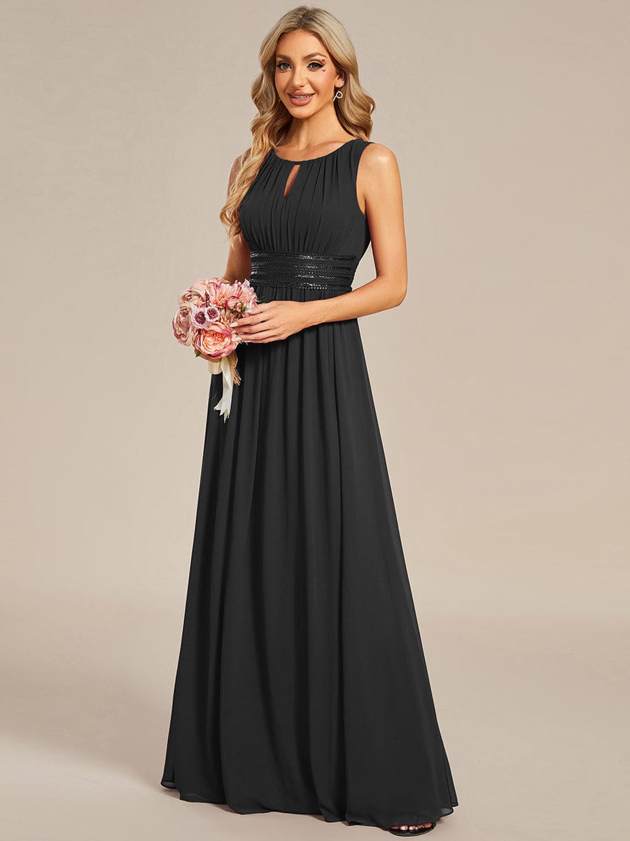 A-Line Chiffon Bridesmaid Dress with Sleeveless Round Neckline and Pleats #color_Black