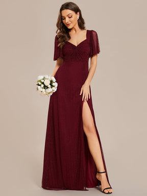 Glittery A-Line High Slit Elastic Waist Short Sleeves Back Lace-Up Bridesmaid Dress