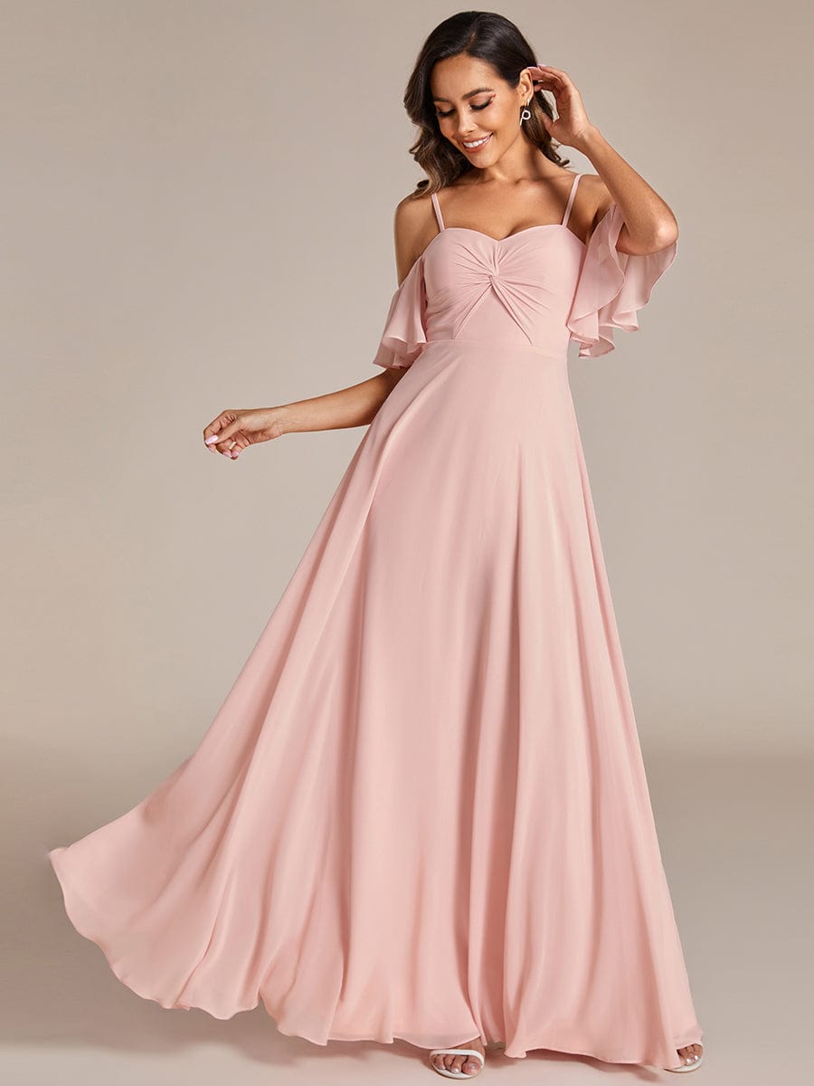 Off Shoulder Chiffon Bridesmaid Dresses with Ruffles Sleeve #color_Pink