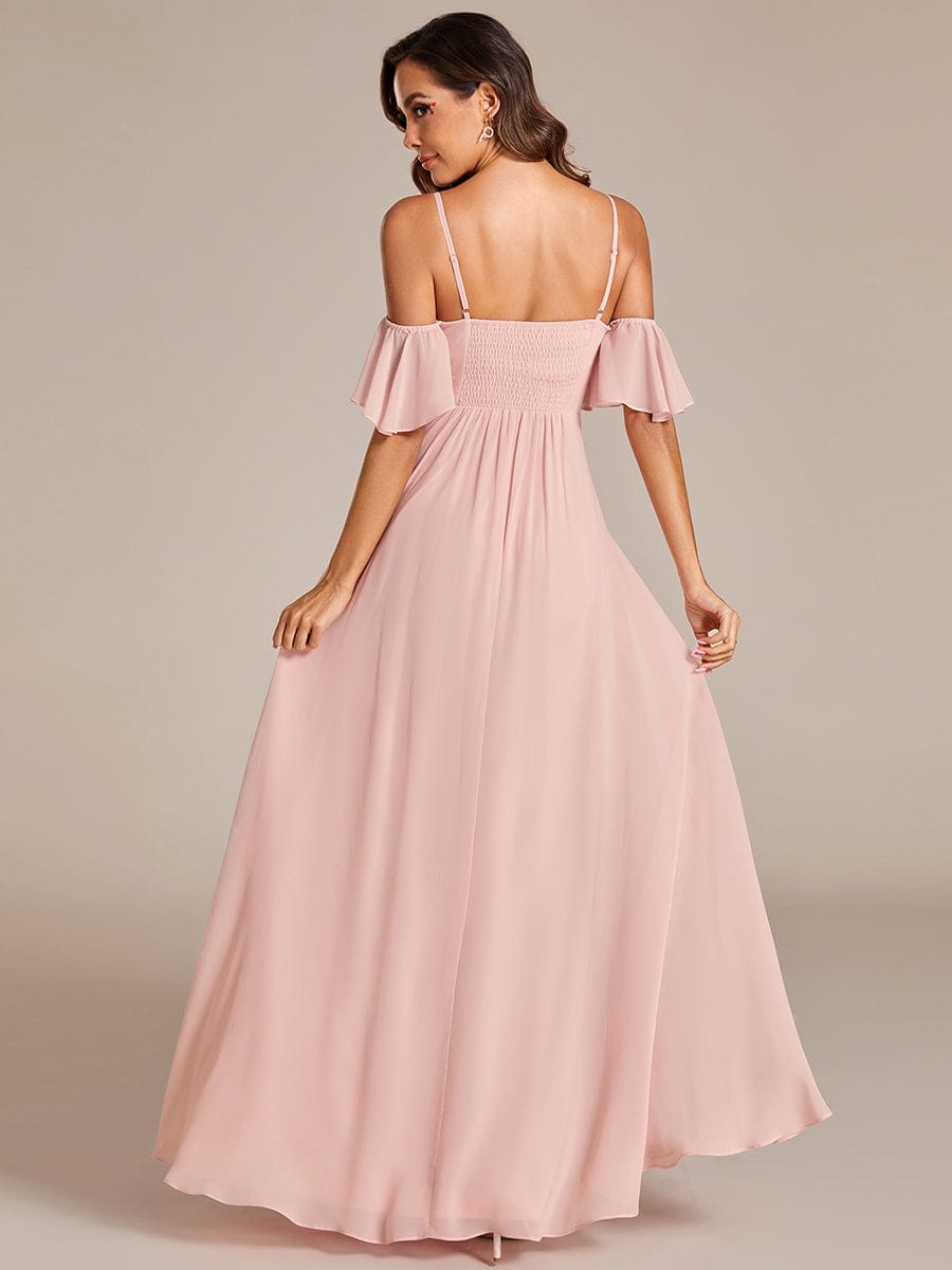Off Shoulder Chiffon Bridesmaid Dresses with Ruffles Sleeve #color_Pink