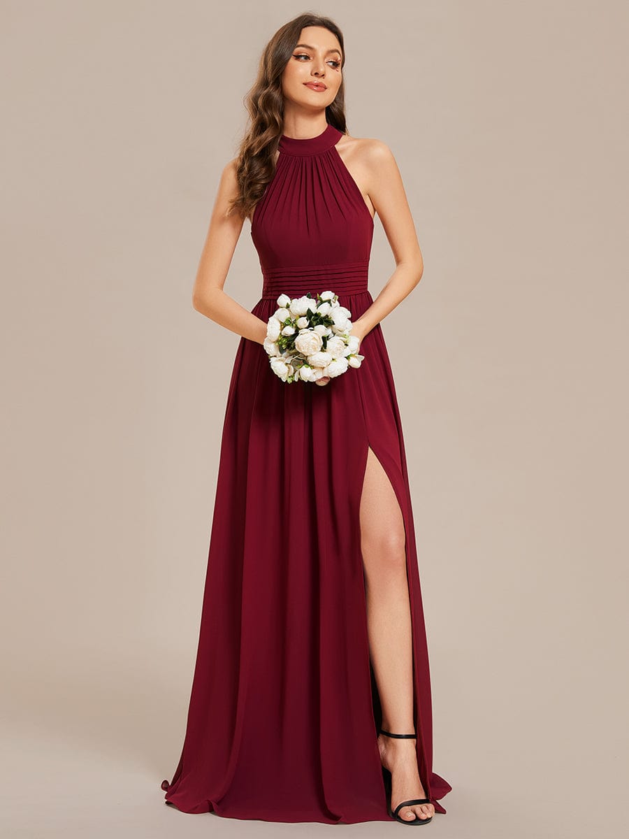 Sleeveless Chiffon Halter A-Line Maxi Bridesmaid Dress with Pleats and High Slit #color_Burgundy