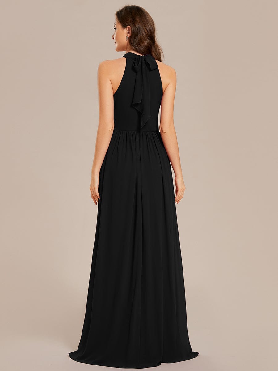 Sleeveless Chiffon Halter A-Line Maxi Bridesmaid Dress with Pleats and High Slit #color_Black
