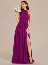 Sleeveless Chiffon Halter A-Line Maxi Bridesmaid Dress with Pleats and High Slit #color_Fuchsia