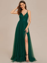 Spaghetti Straps Backless A-Line Lace Tulle Bridesmaid Dress #color_Dark Green