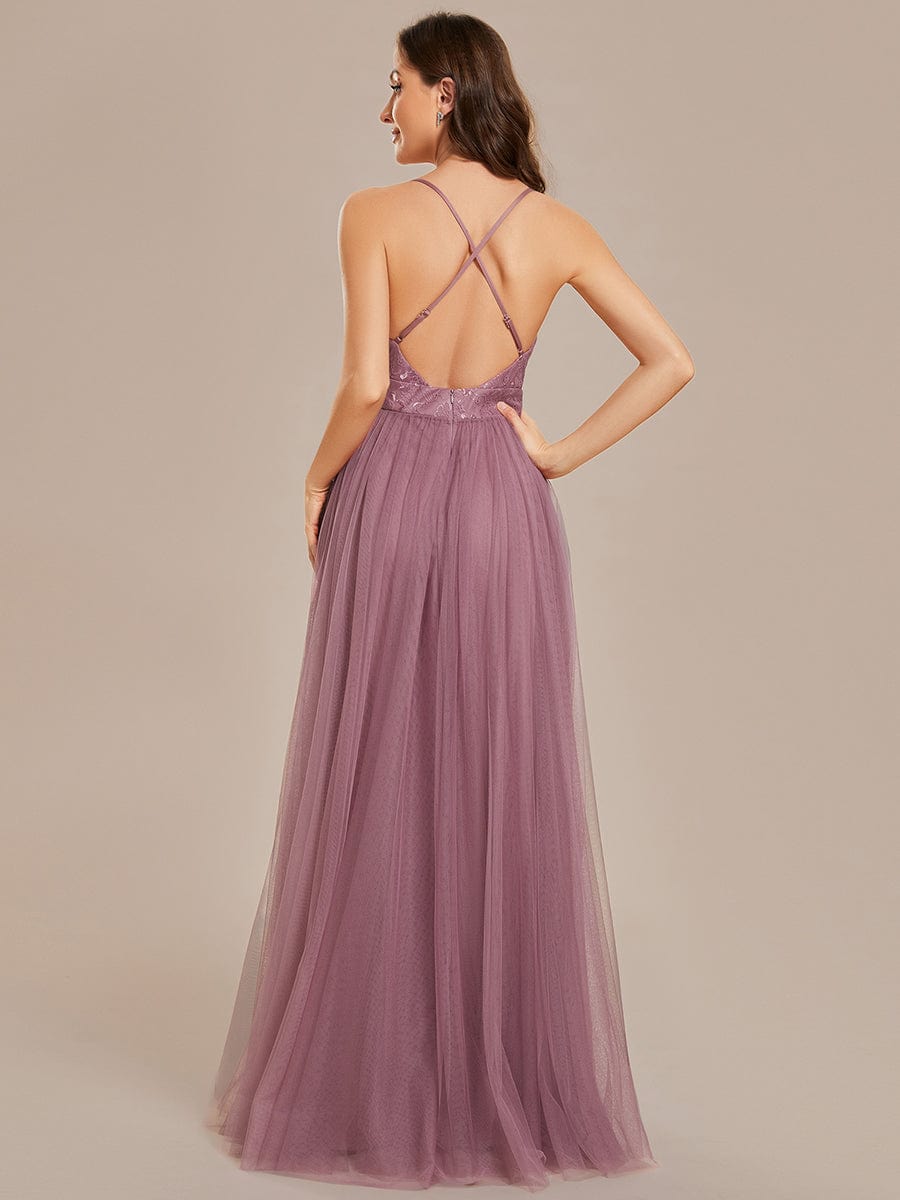 Spaghetti Straps Backless A-Line Lace Tulle Bridesmaid Dress #color_Purple Orchid