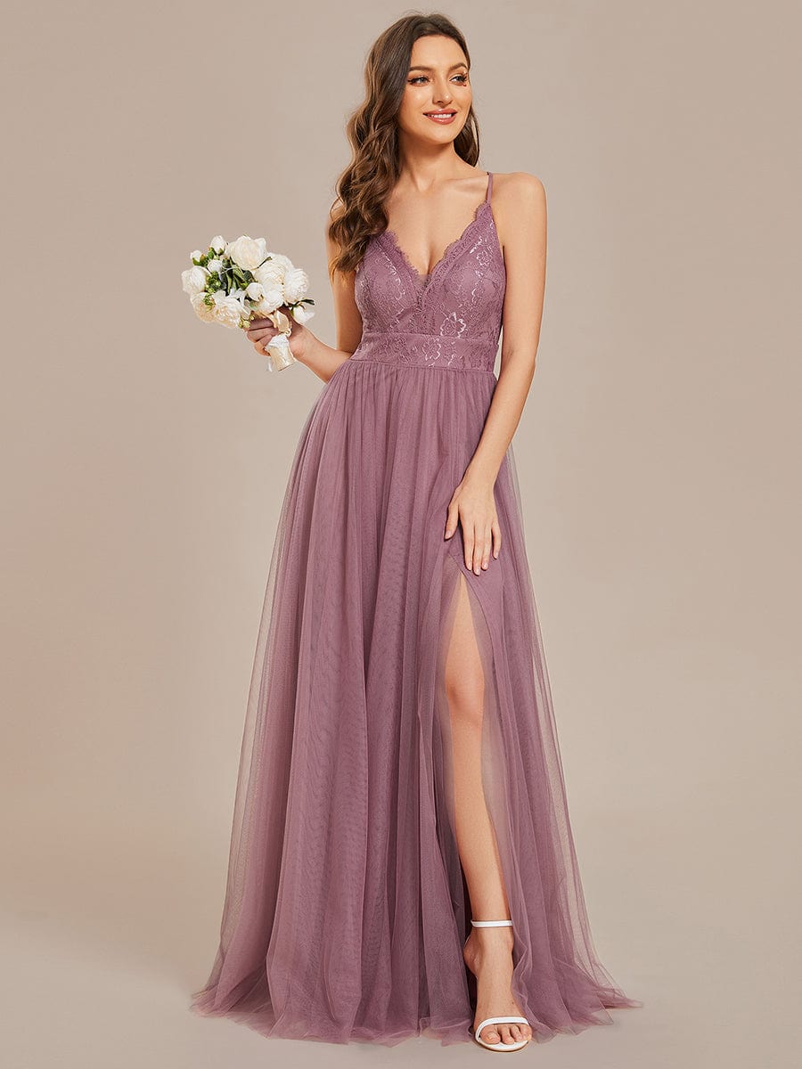 Spaghetti Straps Backless A-Line Lace Tulle Bridesmaid Dress