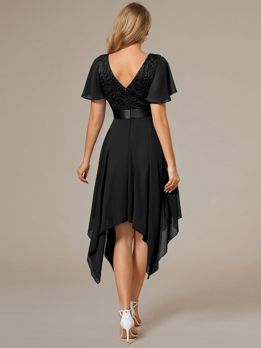 Asymmetrical Hem Empire Waist Short Sleeves Knee-Length Bridesmaid Dress #color_Black