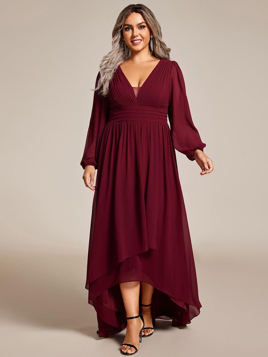 Plus Size Enchanting Chiffon Lantern Sleeve Pleated High Waist Bridesmaid Dress #color_Burgundy