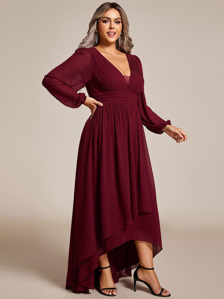 Plus Size Enchanting Chiffon Lantern Sleeve Pleated High Waist Bridesmaid Dress #color_Burgundy
