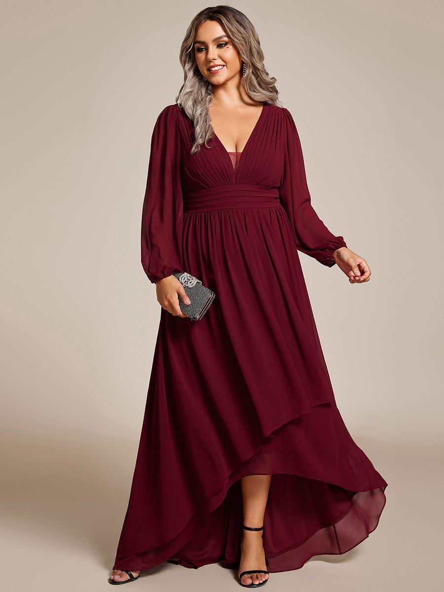 Plus Size Enchanting Chiffon Lantern Sleeve Pleated High Waist Bridesmaid Dress #color_Burgundy