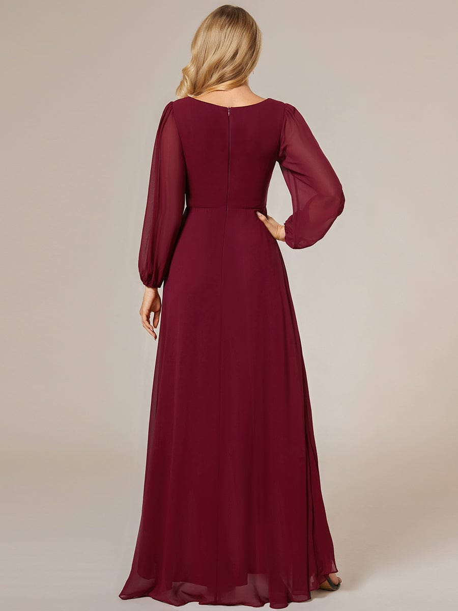 Enchanting Chiffon Lantern Sleeve Pleated High Waist Bridesmaid Dress #color_Burgundy