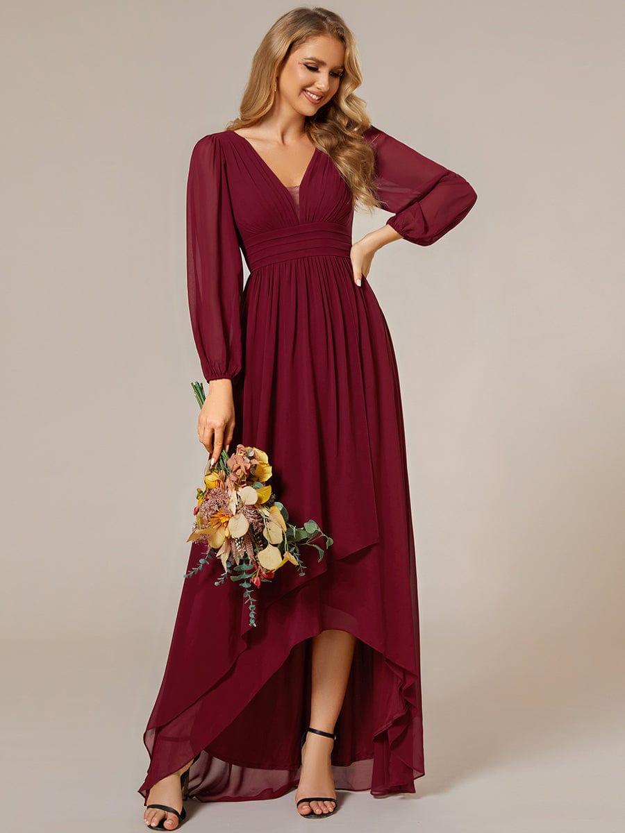 Enchanting Chiffon Lantern Sleeve Pleated High Waist Bridesmaid Dress #color_Burgundy